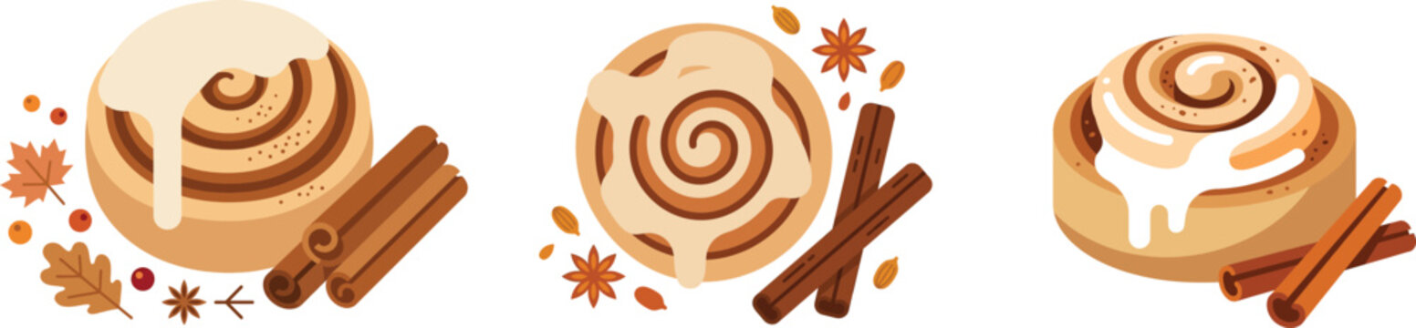 Vector illustration of three iced cinnamon rolls with cinnamon sticks and star anise, sweet bakery dessert food scene