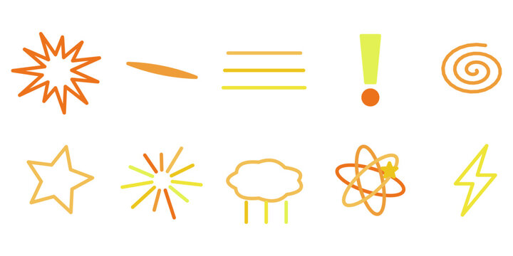 Orange and yellow comic doodle element set. Hand drawn sparkle, star, cloud and lightning marks. Vector illustration
