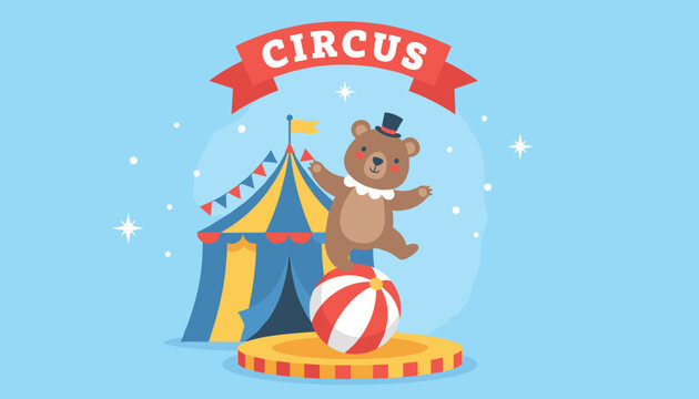 Cute circus bear wearing a tiny top hat balancing on a red and white striped ball next to a colorful circus tent.