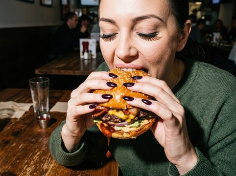 Burger bite in a restaurant with a woman enjoying a messy meal