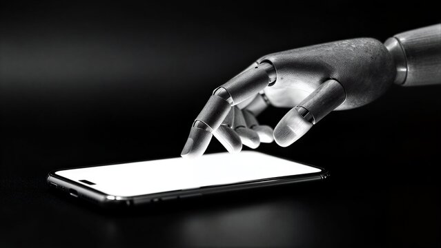 Robot hands interact with a smartphone, symbolizing human-machine connection.