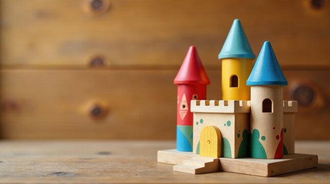 A colorful wooden castle toy, playfully designed with whimsical details, sits on a rustic wooden surface, evoking childhood imagination and simple joy
