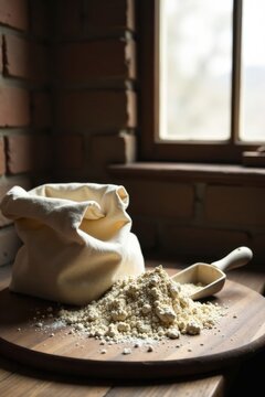 A rustic still life featuring a burlap sack overflowing with a mound of unbleached flour, delicately spilled onto a wooden board, bathed in soft, natural light from a nearby window.