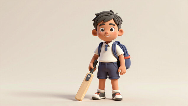 Indian Schoolboy Cricket Player Holding Bat with Backpack, Full Body 3D Character