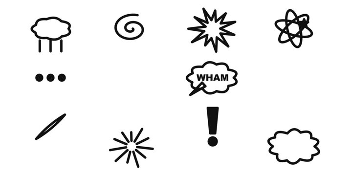 Black comic effect element set. Hand drawn boom, pow, wham bursts, clouds and speed lines. Vector illustration