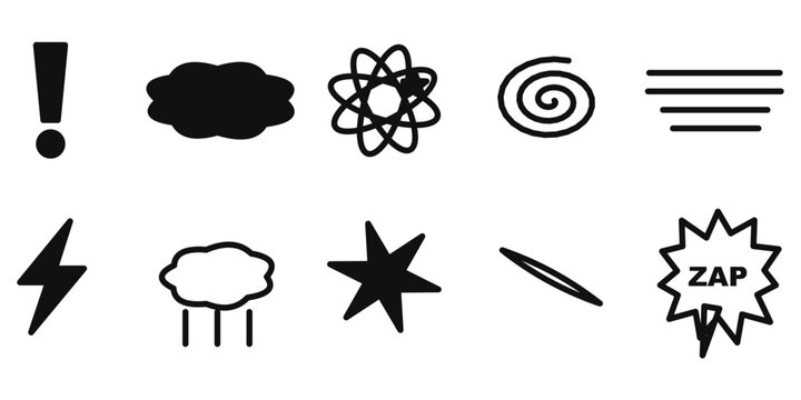 Black comic effect element set. Hand drawn boom, pow, wham bursts, clouds and speed lines. Vector illustration