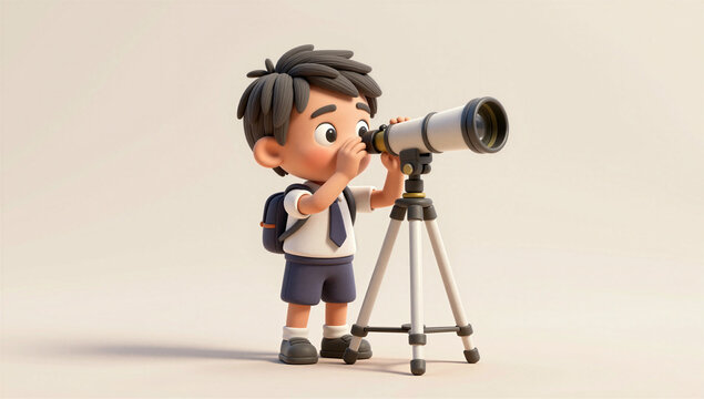 Indian Schoolboy Student Observing the Sky Through a Telescope, Full Body 3D Character