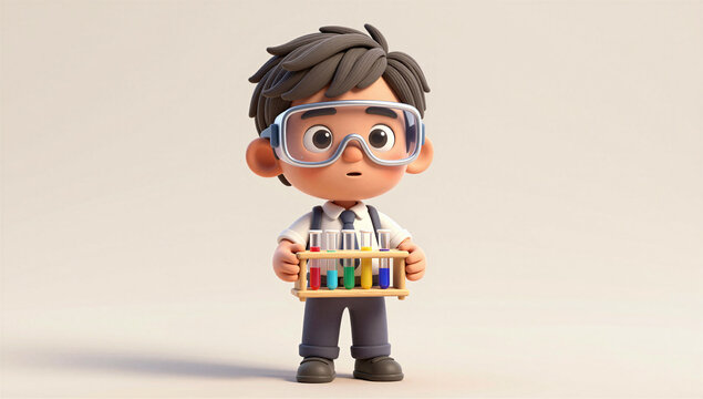 Indian Schoolboy Science Student Holding Test Tubes, Full Body 3D Character 