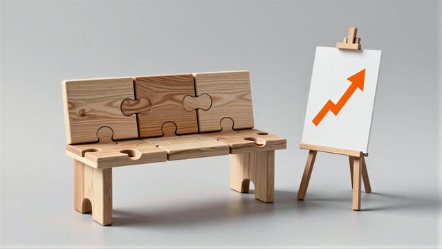 Wooden puzzle bench beside easel with upward-trending arrow graph.
