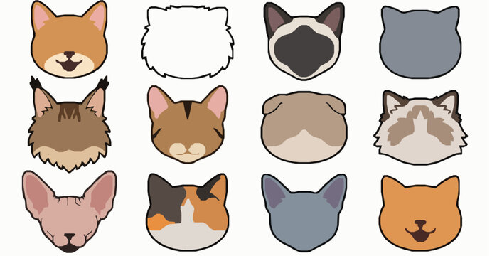 Cute Cat Breed Faces Flat Color Character Vector Set for Stickers