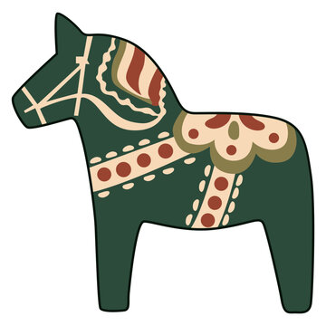 Scandinavian dalahast wooden horse figurine with kurbits floral pattern decoration