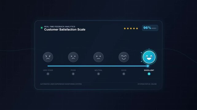 Modern digital interface shows customer satisfaction scale. Five emoji faces represent mood spectrum from displeased to delighted. Current selection is a bright yellow smiley face
