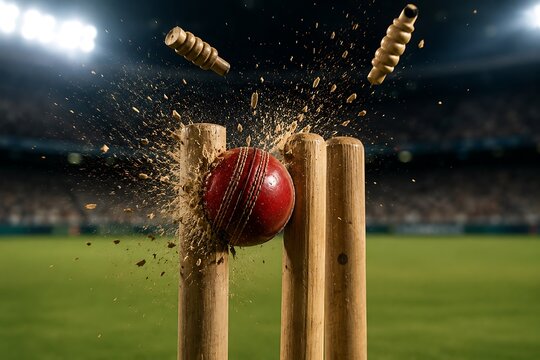 Cricket ball smashing wooden wickets with bails exploding during a night match under stadium lights