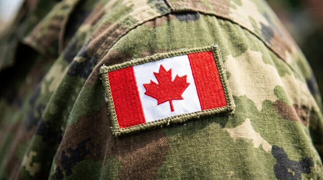 Canadian flag patch on a military uniform sleeve for remembrance and honoring soldiers on veteran day
