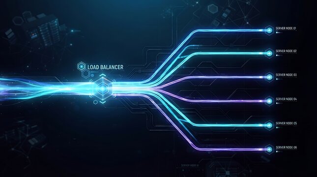 Digital load balancer concept showing data traffic distribution across multiple servers in a futuristic neon blue and purple network environment