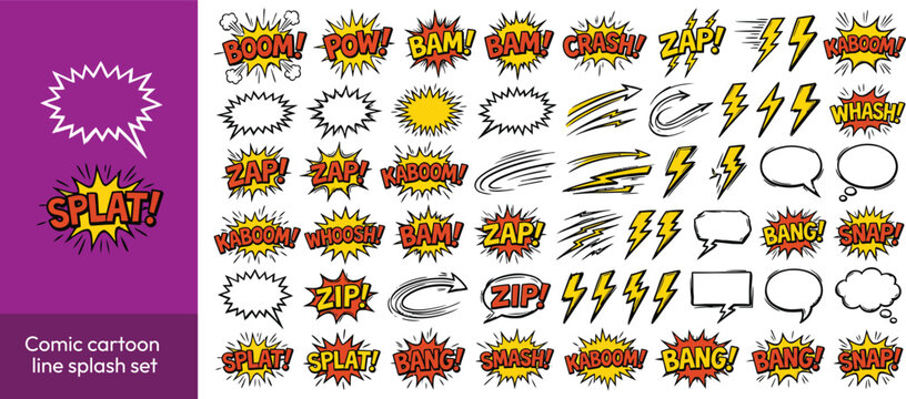 Comic cartoon line splash set. Hand drawn comic line splash effect with cartoon pop icon boom wow. Explosive speech bubble burst action motion explosion emphasis elements. Vector illustration