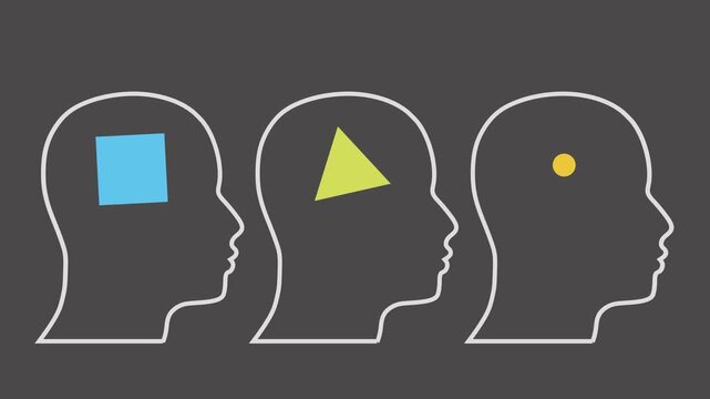 Three head silhouettes each with different geometric shape inside. Individuality, diversity of thinking, mindset, personality types, perception, opinion, viewpoint, uniqueness, tolerance, society.