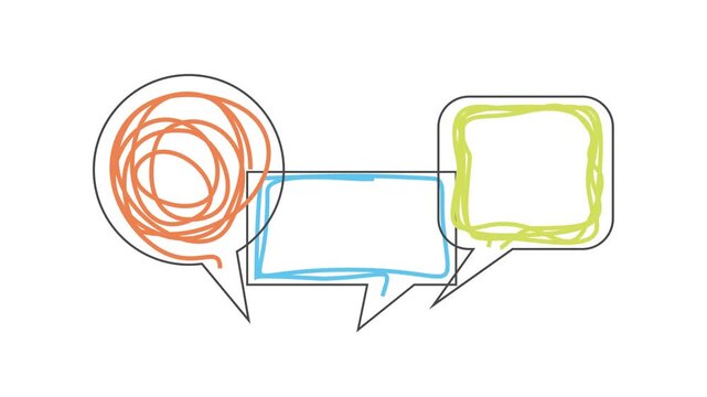 Three hand-drawn speech bubbles with scribble lines inside. Communication, dialogue, conversation, chat, message, discussion, opinion exchange, feedback, social interaction, talk and negotiation.