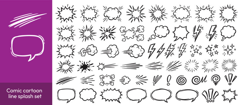Comic cartoon line splash set. Hand drawn comic line splash effect with cartoon pop icon boom wow. Explosive speech bubble burst action motion explosion emphasis elements. Vector illustration