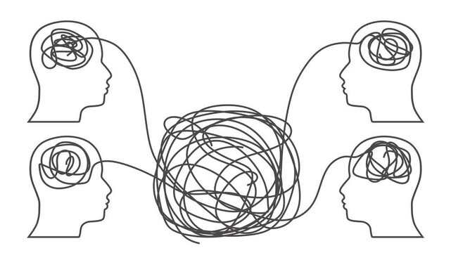 From a problem to a simple business solution. Business coaching and education. Connected human heads. Social network and business communication. Problem solving, chaos and mess, difficult situation.