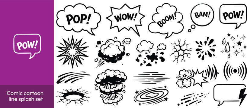 Comic cartoon line splash set. Hand drawn comic line splash effect with cartoon pop icon boom wow. Explosive speech bubble burst action motion explosion emphasis elements. Vector illustration