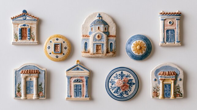 A collection of charming greek souvenir magnets. Cute artisan souvenir shop aesthetic