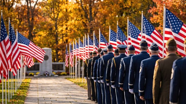 A solemn military honor guard standing in formation during a patriotic veteran day memorial ceremony in autumn