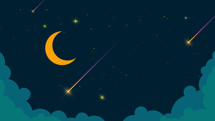 Naklejka premium Night sky background with crescent moon and shooting stars