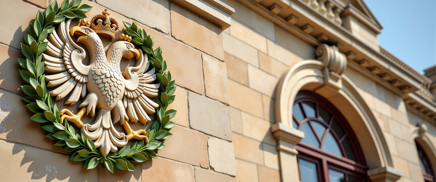 Empty heraldic coat of arms decorated with summer flower wreath for parliament history website presentation