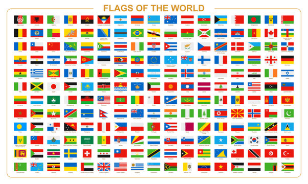 World flags collection featuring national flags of countries and territories in a colorful organized grid. Vector graphic suitable for geography, education, international relations, travel and global 