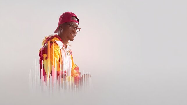 Man in vibrant jacket and cap, Abstract graphic equalizer overlay, Music festival or DJ theme