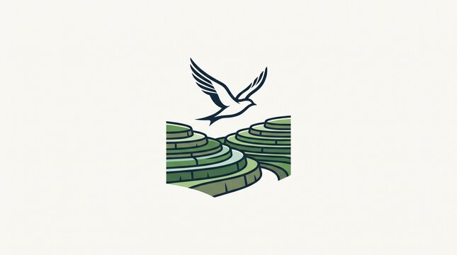 Minimalist Logo Design of a Flying Bird Above Green Rice Terraces for Sustainable Agriculture and Nature Branding