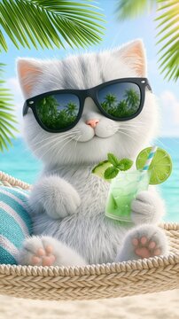3d visualization of cat wearing black sunglasses lounging on a long hammock at tropical beach. vertical wallpaper