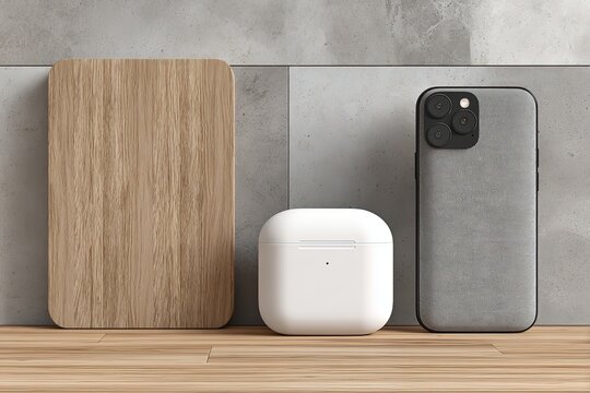 Wooden plaque, wireless earbuds case and smartphone, natural textures and clean composition, technology and lifestyle product mockup