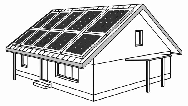 A black and white line of a house with a gabled roof featuring eight solar panels installed in two rows on the sloped side