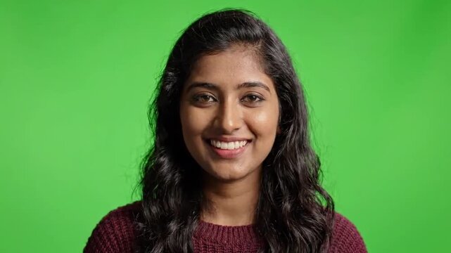 Medium shot of smiling woman against green backdrop