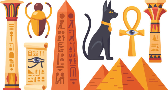 Flat vector illustration set of ancient Egyptian symbols including pyramids ankh scarab beetle obelisk columns papyrus scroll and bastet cat statue
