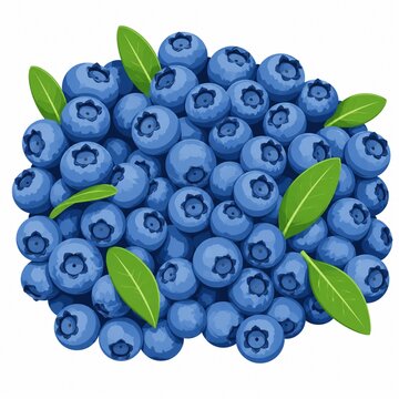 A fresh pile of ripe blue blueberries interspersed with vibrant green leaves in a clean vector illustration isolated on a white background.