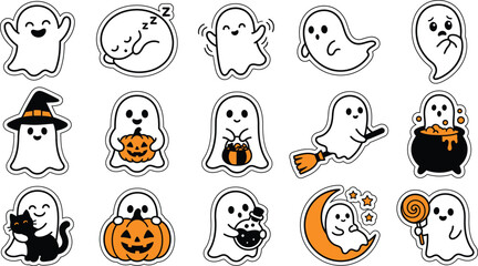 Fototapeta premium Set of cute ghost stickers for halloween featuring various spooky characters and festive autumn holiday elements