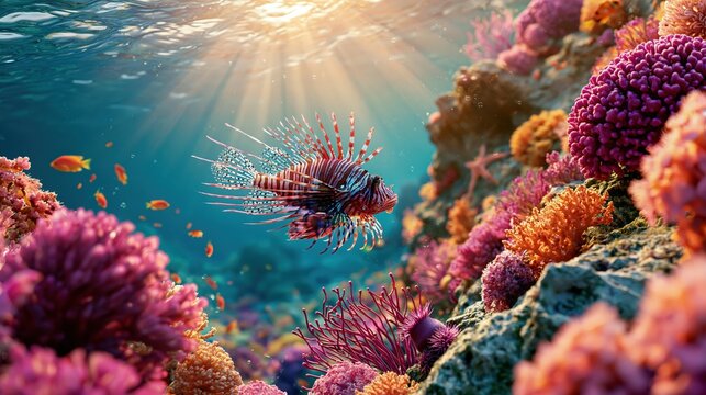 colourful illustration of  underwater  world of fish and corals.  wallpaper