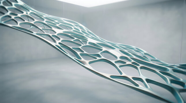 Floating Cellular Membrane, Teal Voronoi Lattice Wave Sculpted in Minimal White Room