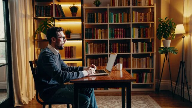 Bearded man types on laptop and gestures in quiet home office. Bookshelves, glowing lamps, potted plants, and soft window light surround desk with mug, suggesting focused remote work and discussion.