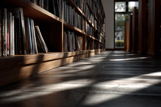 Book shadows across library floor beside wooden shelves filled with books