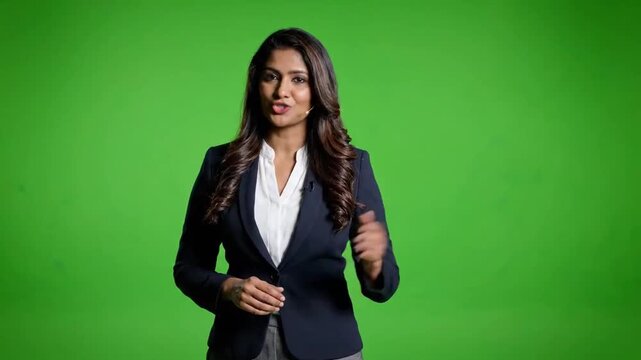 Medium shot of woman gesturing in green screen studio