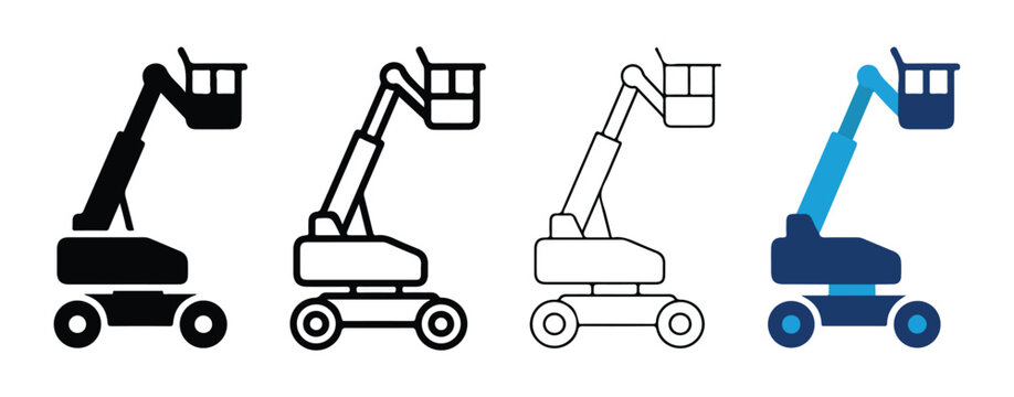 cherry pickers or aerial work platforms illustrated in flat design style