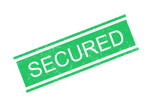 Green secured stamp with bold white text on transparent background