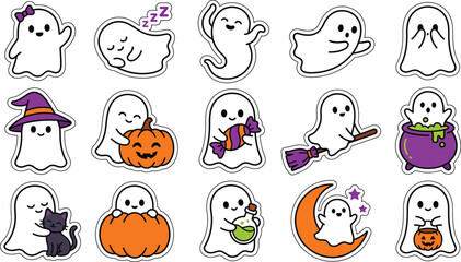 Fototapeta premium Set of cute cartoon ghost stickers for halloween celebration with pumpkins and festive holiday elements on white background