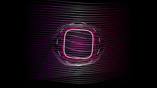 Seamless motion graphic loop of high-velocity neon pink 3D ribbons warping around a glowing holographic squircle core. Dynamic glowing vectors on a black background, perfect for sci-fi tech intros, ga