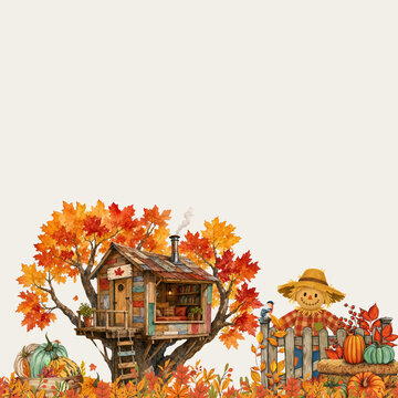 Cozy Autumn Cabin in Fall Foliage with Scarecrow