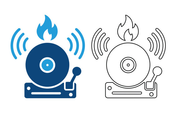 Fire alarm bell icon, emergency signal symbol, vector illustration of a ringing alarm bell with fire flame